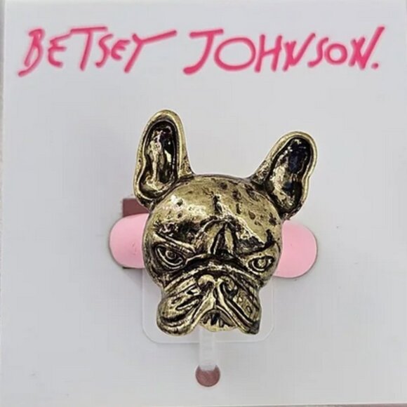 Betsey Johnson Frenchie Dog Enamel Ring Adjustable Fit Pink Gold NWT - Picture 2 of 5